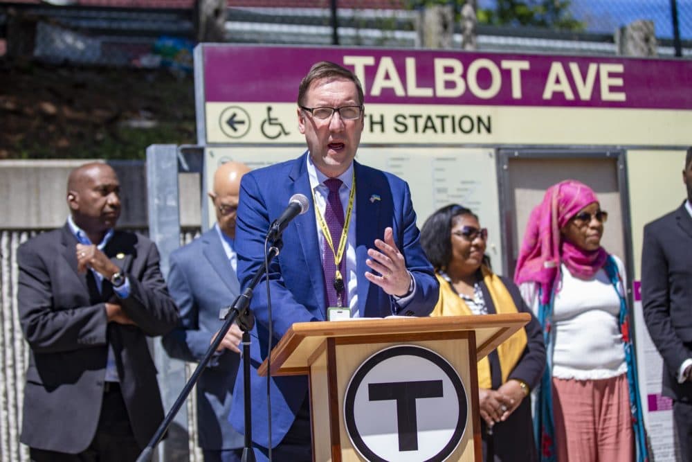 MBTA General Manager Steve Poftak speaks to the news media during a press conference announcing increased service on the Fairmount line at the Talbot Avenue commuter rail station. (Jesse Costa/WBUR)