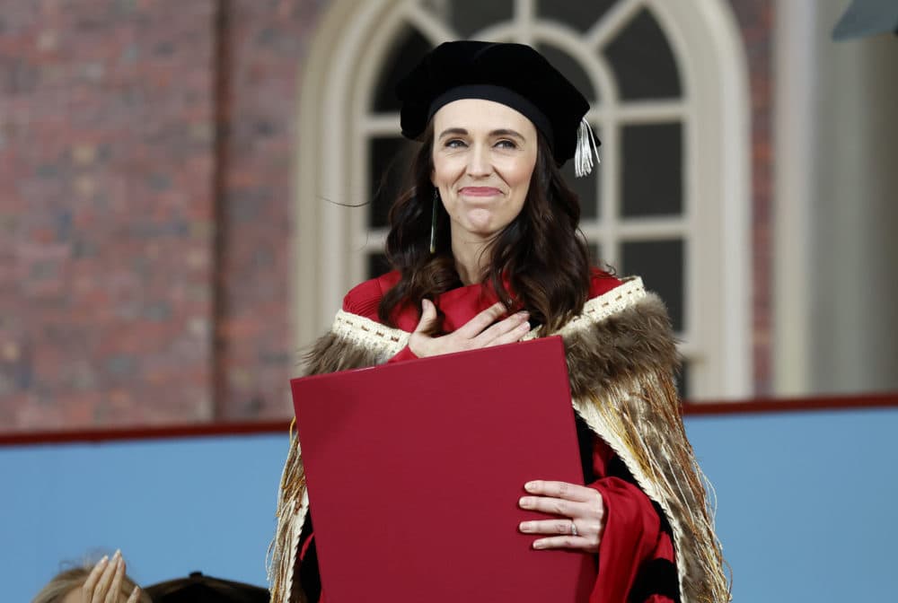 New Zealand Prime Minister Jacinda Ardern reacts after receiving an honorary degree before speaking at Harvard's 371st Commencement, Thursday, May 26, 2022, in Cambridge. (Mary Schwalm/AP)