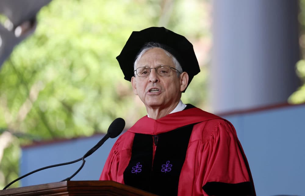 Attorney General Merrick Garland speaks at a Harvard Commencement ceremony held for the classes of 2020 and 2021. (Mary Schwalm/AP)