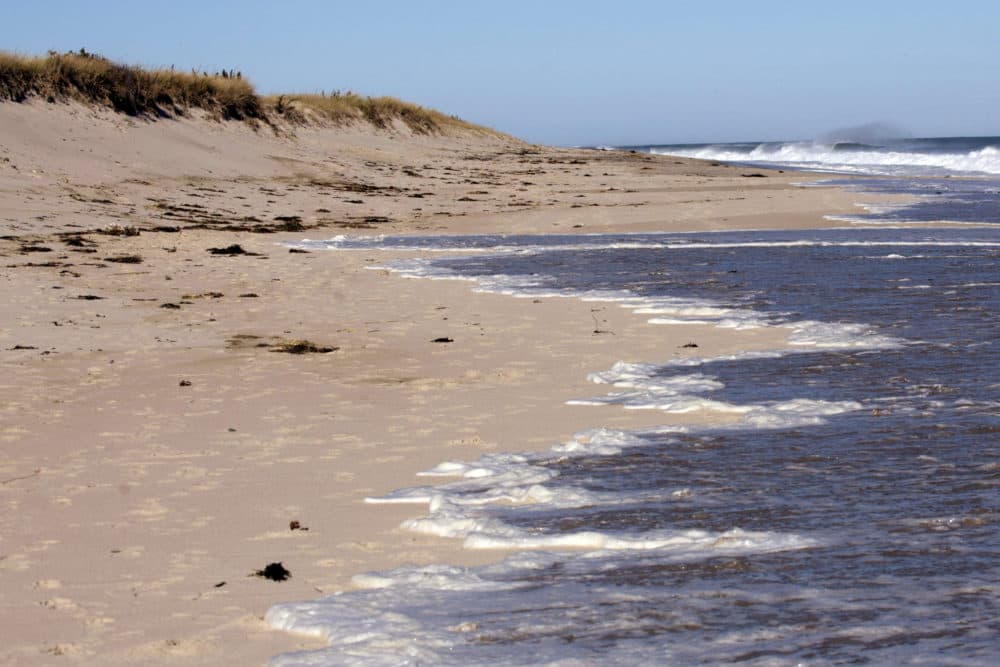 Water nearly reaches the dune barrier at Ballston Beach in Truro, in a 2015 file photo. The Cape Cod town is among those extending free beach access to any Native American with proof of tribal affiliation. (Virginia Mayo/AP)