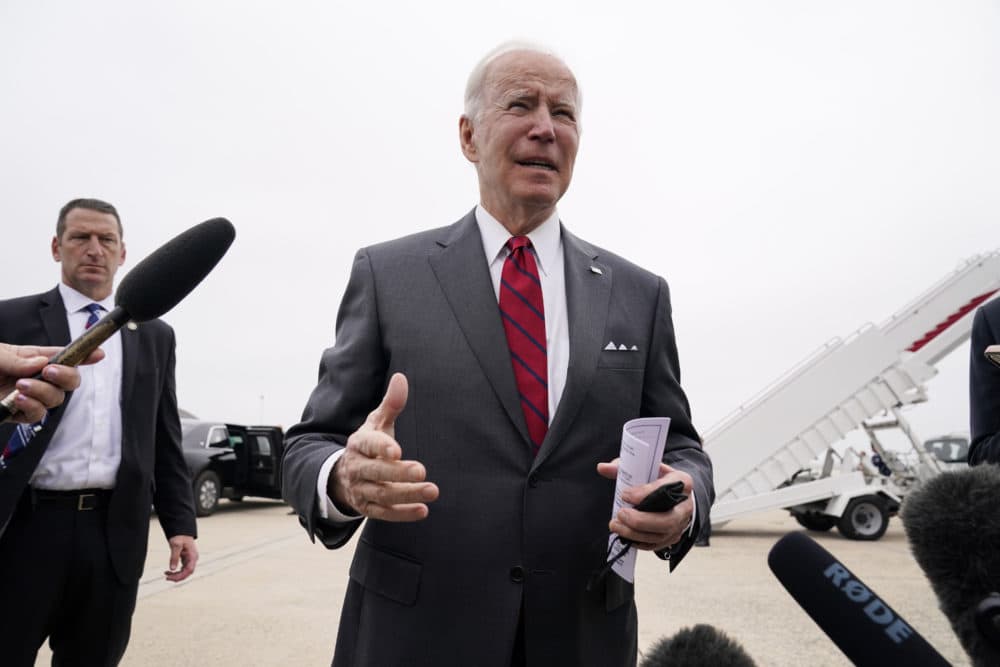 President Biden speaks to the media before boarding Air Force One for a trip to Alabama to visit a Lockheed Martin plant on Tuesday at Andrews Air Force Base, Md. (Evan Vucci/AP)