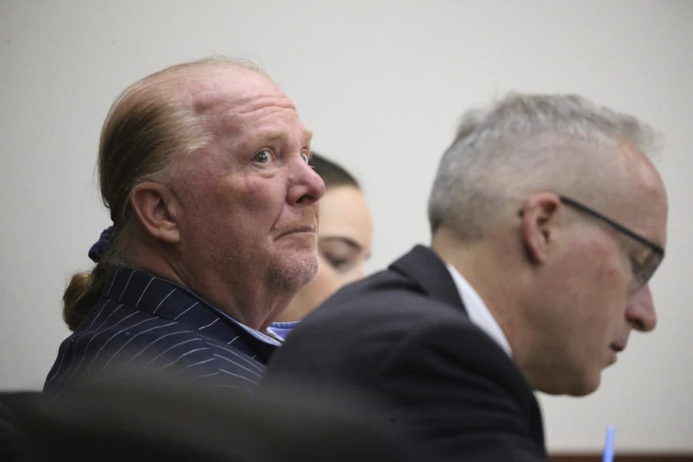 Celebrity chef Mario Batali is seated at Boston Municipal Court during his sexual misconduct trial. A judge found Batali not guilty of indecent assault and battery in 2019, stemming from accusations that he forcibly kissed and groped a woman after taking a selfie with her at a Boston restaurant in 2017. (Stuart Cahill/The Boston Herald via AP, Pool)