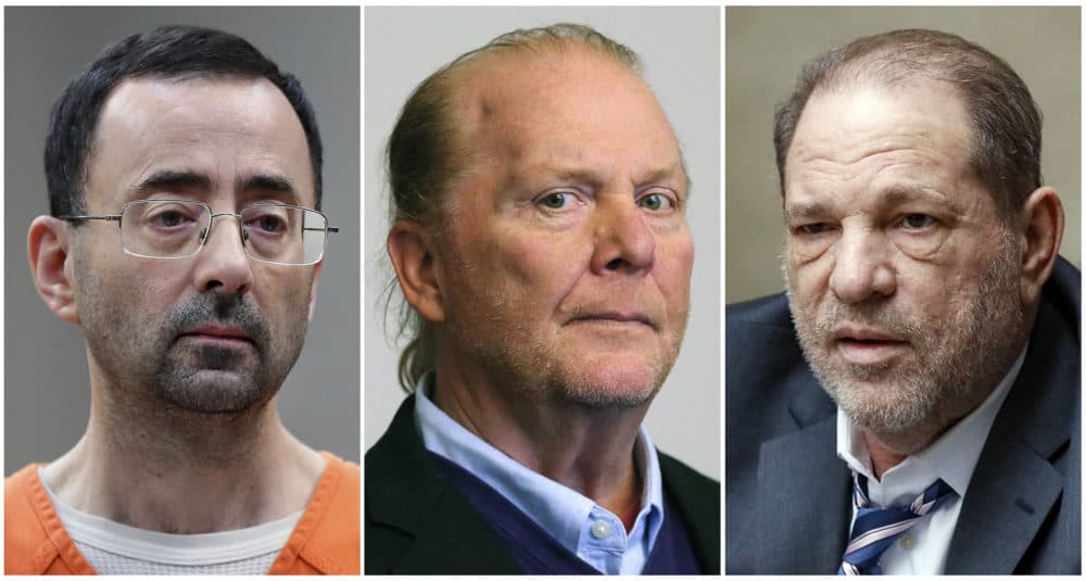 This combination of 2017-2020 photos shows, from left, Dr. Larry Nassar, Mario Batali, and Harvey Weinstein. Legal experts and victims’ advocates say celebrity chef Batali’s acquittal on sexual assault charges underscores the inherent difficulties of prosecuting such cases nearly five years into the #MeToo era. (Paul Sancya, John Minchillo/AP; David L Ryan/The Boston Globe via AP)