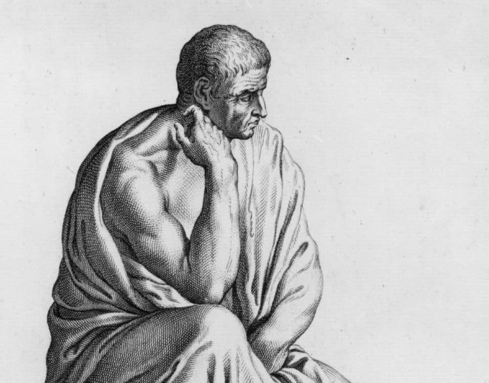 An engraving of a seated philosopher from the Palazzo Spada in Rome circa 50 AD. It purports to be a statue of Roman statesman Seneca. (Hulton Archive/Getty Images)
