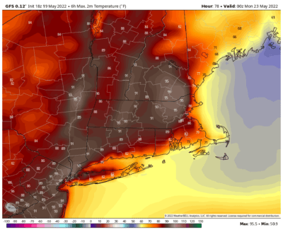 Sunday turns very hot with readings in the 90s over much of the region. (Courtesy WeatherBELL)