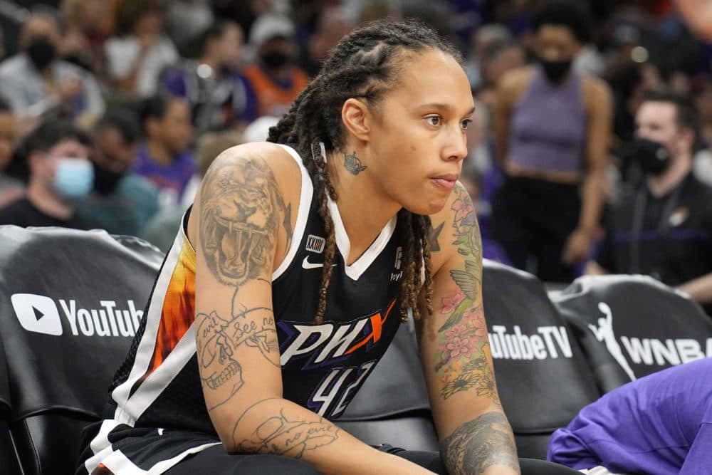 In this 2021 file photo, Phoenix Mercury center Brittney Griner sits during the first half of a WNBA Finals game against the Chicago Sky. Griner has been jailed by the Russian government since February. (Rick Scuteri/AP)