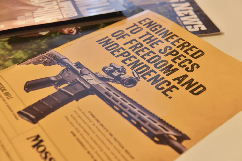 A magazine advertisement for an AR-style firearm describes it as &quot;engineered to the specs of freedom and independence.&quot; AR-platform firearms are often marketed using words that emphasizes the firearm's ability to be customized and evoke a sense of patriotism, freedom and military strength. (Lisa Marie Pane/AP)
