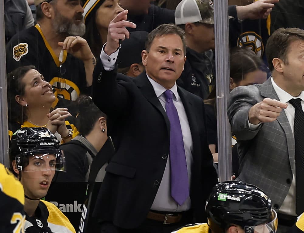 Boston Bruins head coach Bruce Cassidy during a game against the Pittsburgh Penguins on April 16, 2022, in Boston. (Winslow Townson/AP)