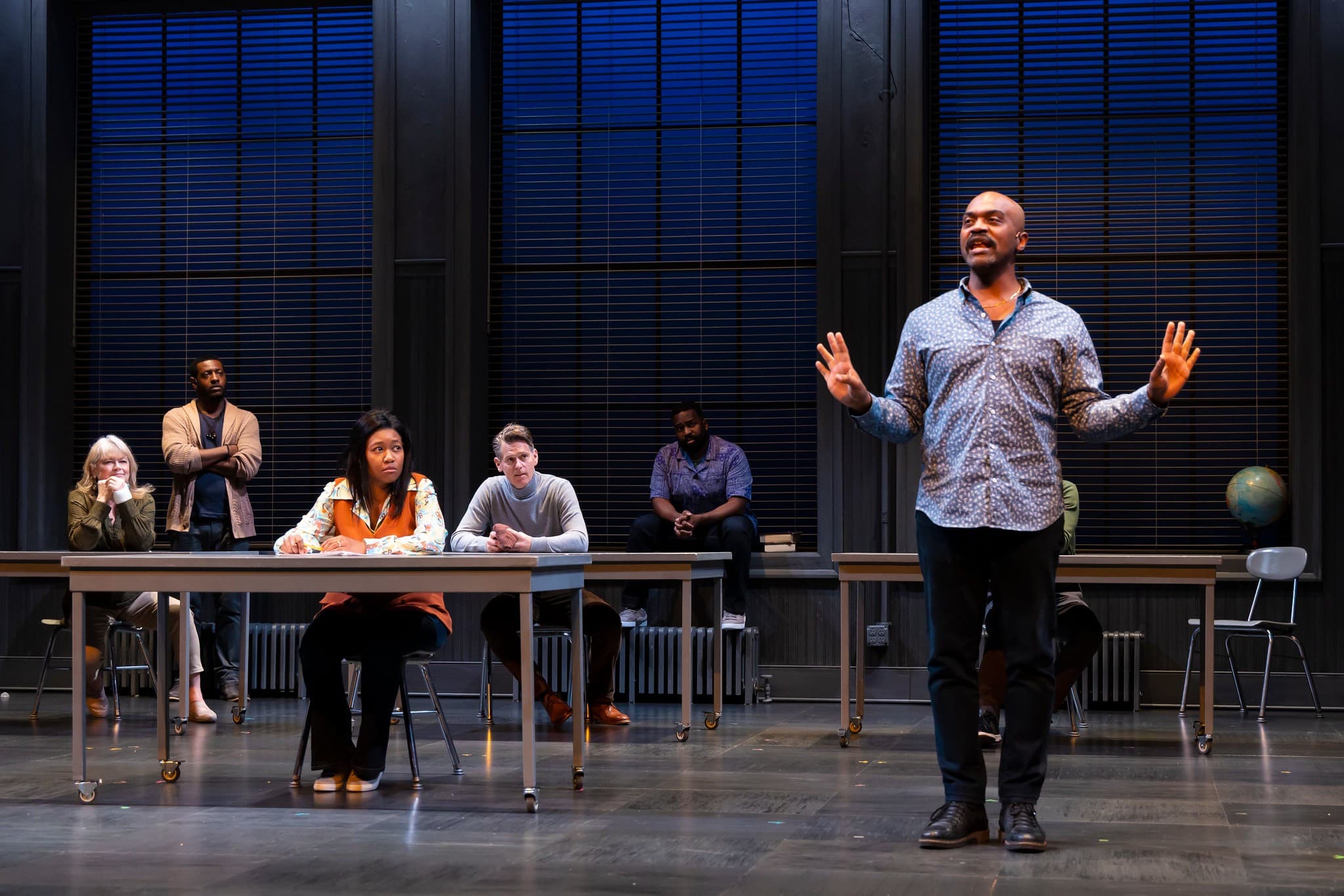 Maurice Emmanuel Parent (foreground) and members of the cast of &quot;Common Ground Revisited &quot;at The Huntington Theatre Company's Wimberly Theatre. (Courtesy T Charles Erickson)