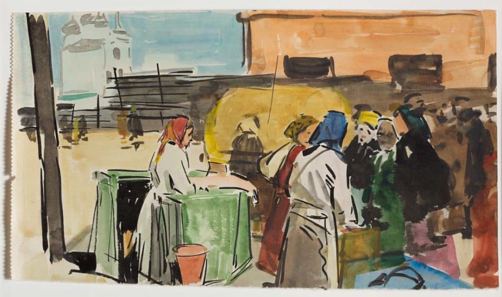Felix Lembersky. At the Market in Pskov, 1956-1957. Watercolor on paper, 6 1/8 x 10 3/4 inches. Courtesy Yelena Lembersky