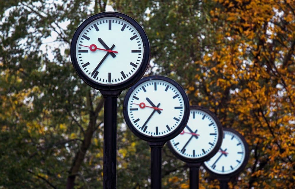 Clocks of the art installation 'Zeitfeld' (time field) by German artist Klaus Rinke are seen in Duesseldorf, western Germany, on October 23, 2020. (Ina Fassbender/AFP via Getty Images)