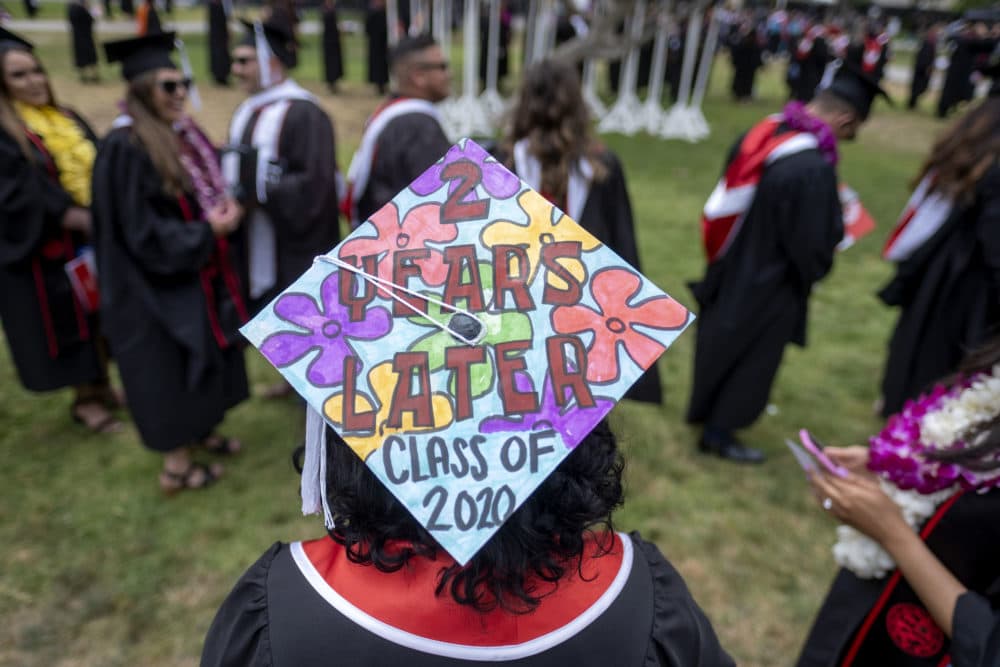 Decorative mortarboards during commencement ceremonies for Cal State University Northridge classes of fall 2019/spring 2020 and fall 2020/spring 2021 on the CSUN campus Friday, May 20, 2022. The ceremonies were held for students that did not have a commencement due to the pandemic. (Photo by Hans Gutknecht/MediaNews Group/Los Angeles Daily News via Getty Images)