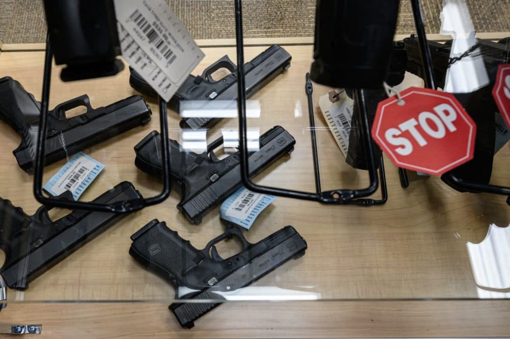 Guns are displayed at RTD Arms & Sport in Goffstown, New Hampshire on June 2, 2022. (Ed Jones/AFP via Getty Images)