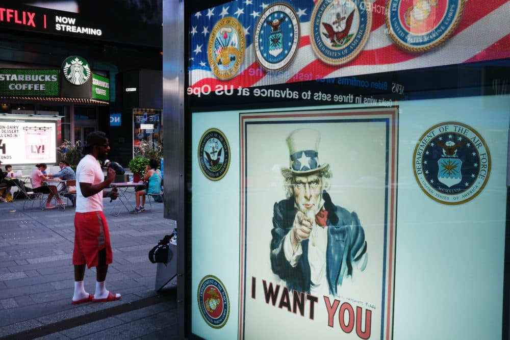 A military recruitment center stands in Times Square in Manhattan on September 04, 2020 in New York City. (Spencer Platt/Getty Images)