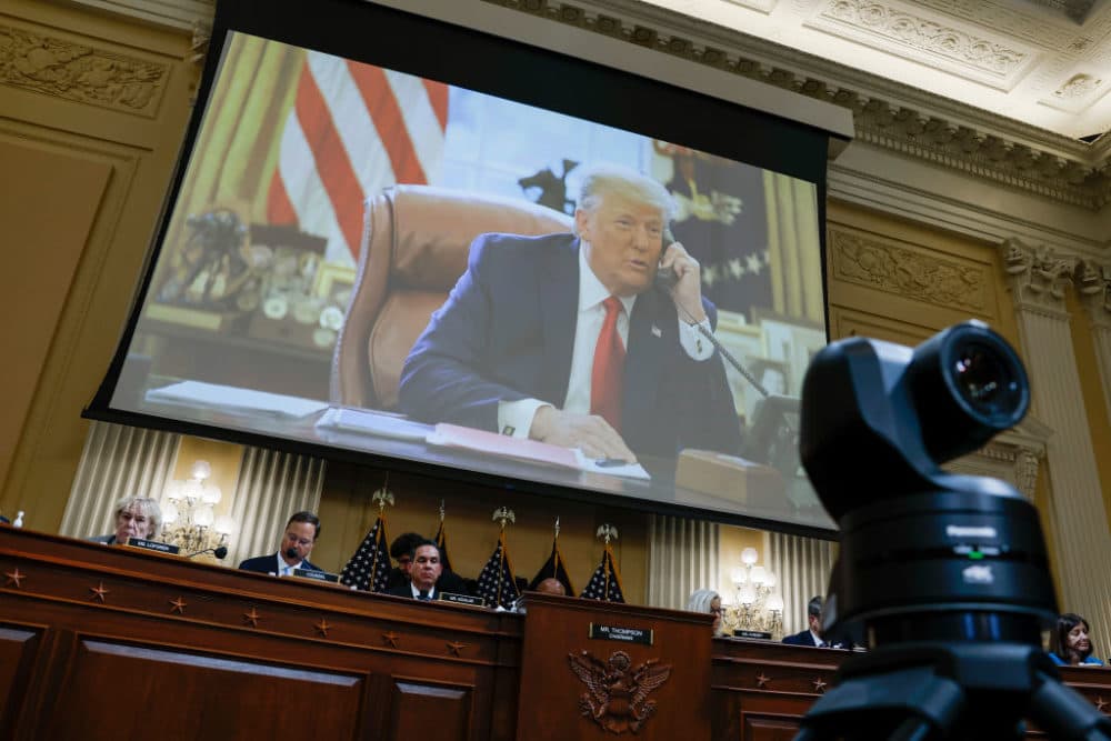 An image of former President Donald Trump is displayed during the third hearing of the House Select Committee to Investigate the January 6th Attack on the U.S. Capitol in the Cannon House Office Building on June 16, 2022 in Washington, DC. The bipartisan committee, which has been gathering evidence for almost a year related to the January 6 attack at the U.S. Capitol, is presenting its findings in a series of televised hearings. On January 6, 2021, supporters of former President Donald Trump attacked the U.S. Capitol Building during an attempt to disrupt a congressional vote to confirm the electoral college win for President Joe Biden. (Photo by Anna Moneymaker/Getty Images)
