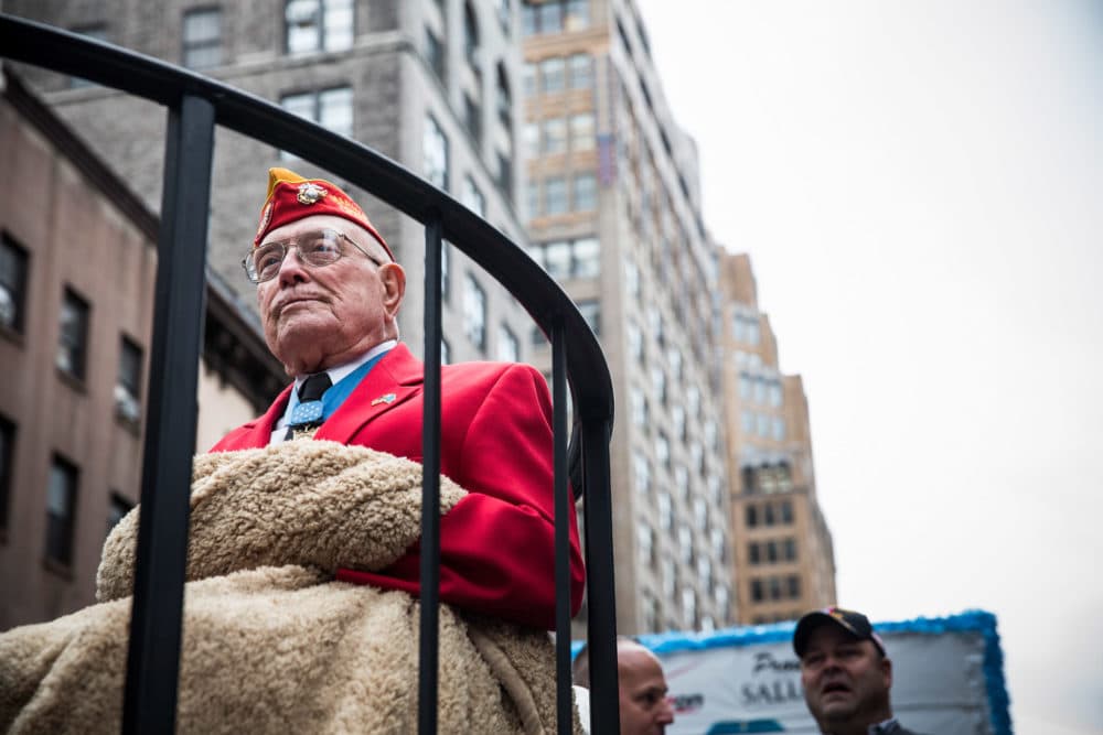 United States Marine Hershel &quot;Woody&quot; Williams, a Medal of Honor recipient and the last surviving member of the famous Iwo Jima flag raising photo, rides on a float during the Veteran's Day Parade on November 11, 2013 in New York City. (Andrew Burton/Getty Images)