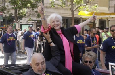 In this June 26, 2011 file photo, Actress Olympia Dukakis, a celebrity Grand Marshall for the 41st annual Gay Pride parade, waves to the crowd in San Francisco. (Jeff Chiu/AP)