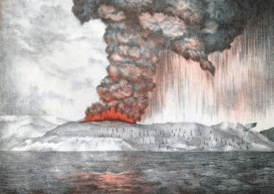 May 27th, 1883: Clouds pouring from the volcano on Krakatau in southwestern Indonesia during the early stages of the eruption which eventually destroyed most of the island. Royal Society Report on Krakatoa Eruption published in 1888 Lithograph credit: Parker Coward. (Photo by: Pictures From History/Universal Images Group via Getty Images)