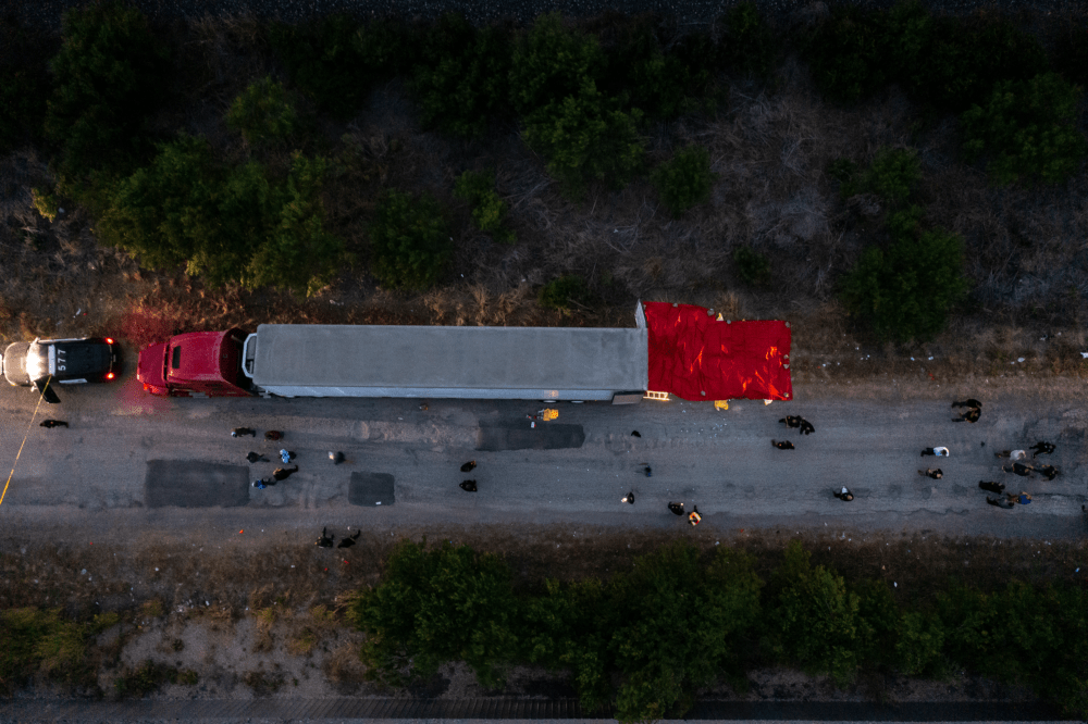 According to reports, at least 46 people, who are believed migrant workers from Mexico, were found dead in an abandoned tractor trailer. Over a dozen victims were found alive, suffering from heat stroke and taken to local hospitals. (Jordan Vonderhaar/Getty Images)