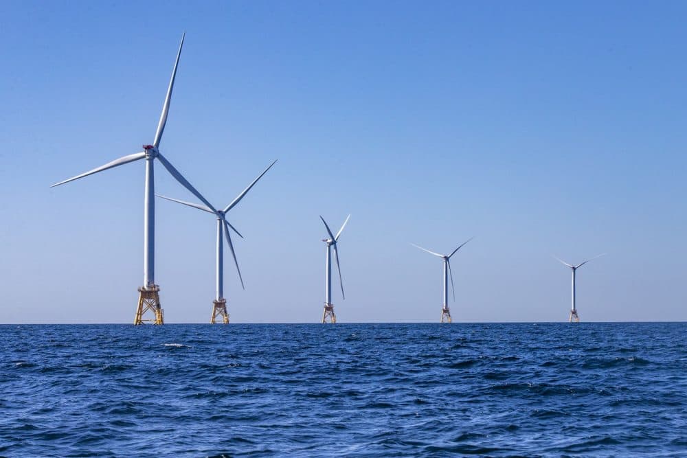 The turbines of the Block Island Wind Farm off the coast of Rhode Island. (Jesse Costa/WBUR)