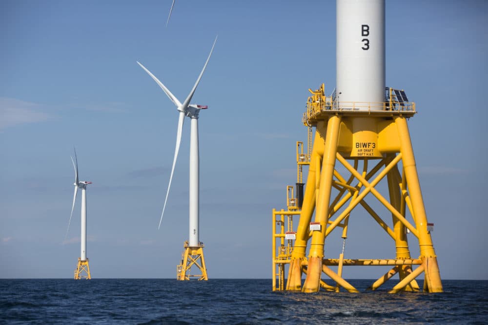 Three of Deepwater Wind's five turbines stand in the water off Block Island, R.I., the nation's first offshore wind farm. (Michael Dwyer/AP)
