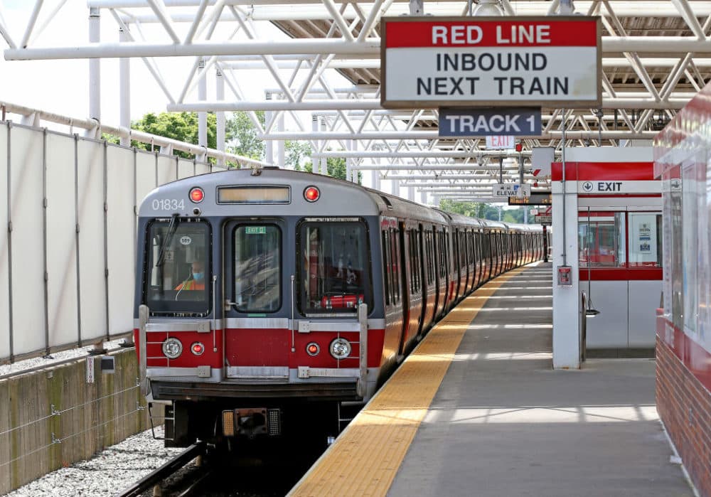 A Red Line MBTA train arrives at the Braintree station on June 21, 2022 in Braintree, Massachusetts.  (Matt Stone/MediaNews Group/Boston Herald via Getty Images)