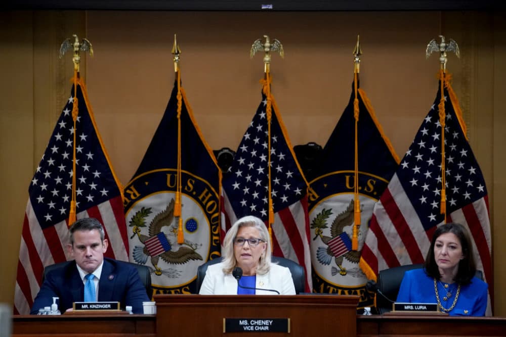 Rep. Liz Cheney, a Republican from Wyoming, center, speaks during a hearing of the Select Committee to Investigate the January 6th Attack on the US Capitol on July 21, 2022 in Washington, DC. (Al Drago-Pool/Getty Images)