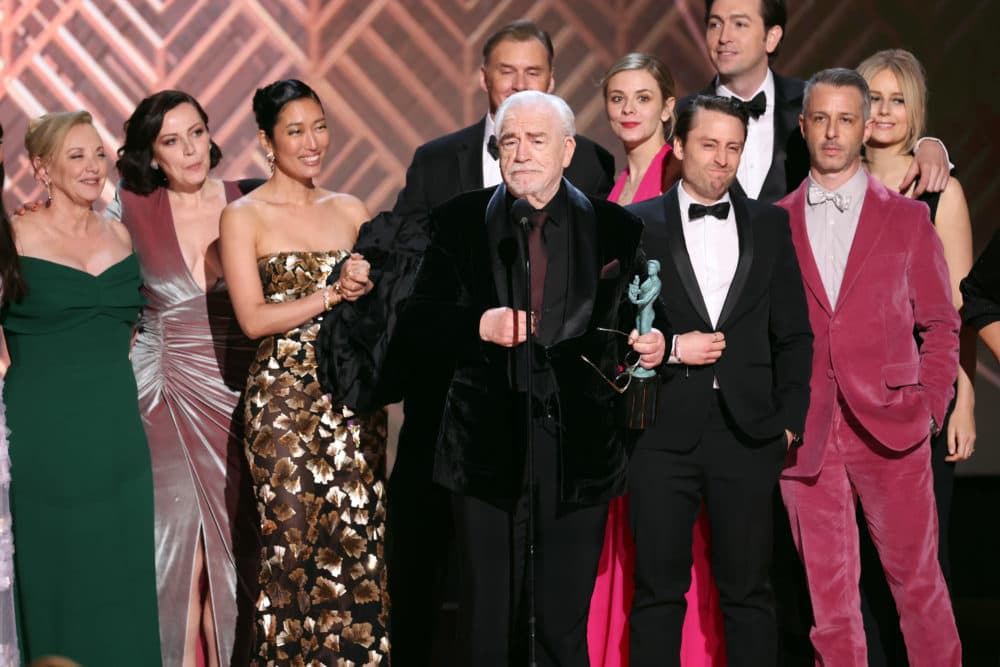 J. Smith-Cameron, Dagmara Domińczyk, Jihae, Brian Cox, Dasha Nekrasova, Kieran Culkin, Nicholas Braun, Jeremy Strong, and Justine Lupe accept the award for Ensemble in a Drama Series for 'Succession' onstage during the 28th Annual Screen Actors Guild Awards. (Rich Fury/Getty Images)
