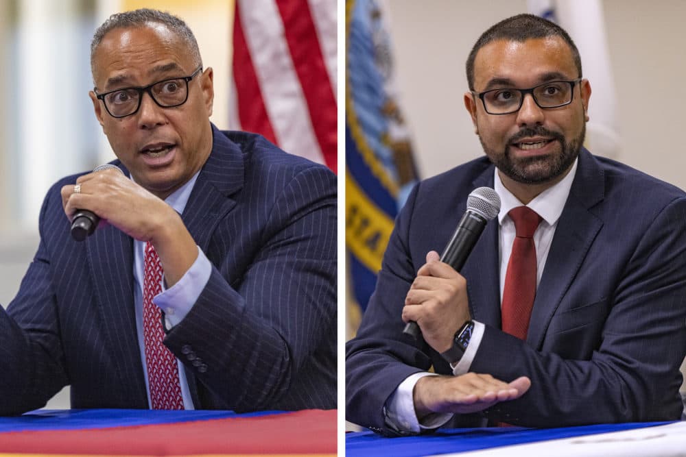 Kevin Hayden, left, and Ricardo Arroyo, the candidates for Suffolk County district attorney. (Jesse Costa/WBUR)