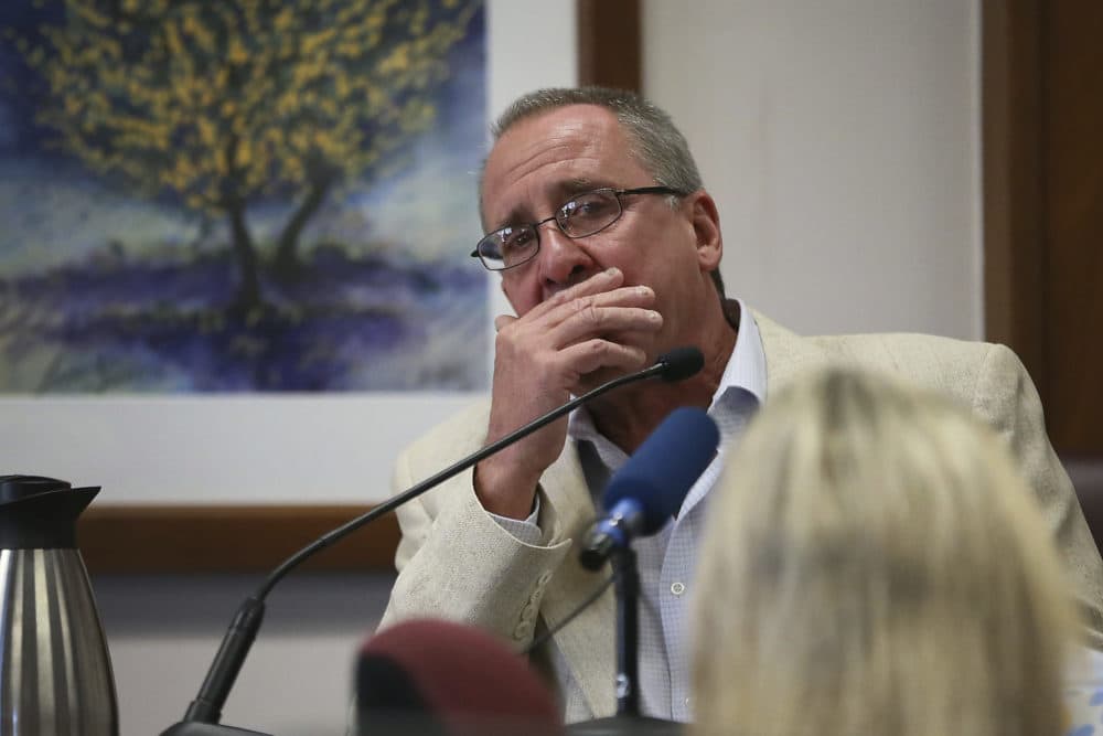 Neil Heslin, father of 6-year-old Sandy Hook shooting victim Jesse Lewis, becomes emotional during his testimony during the trial for Alex Jones. (Briana Sanchez/Austin American-Statesman via AP, Pool)