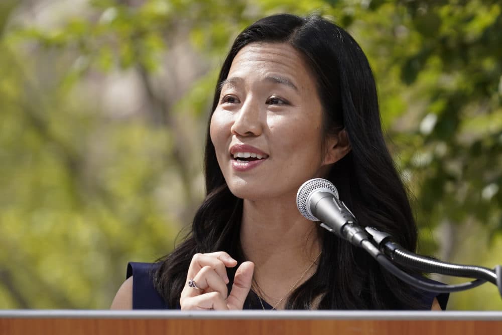 Boston Mayor Michelle Wu during swearing-in ceremonies for the Boston Police Commissioner on Monday, Aug. 15, 2022, in Boston. (AP Photo/Steven Senne)