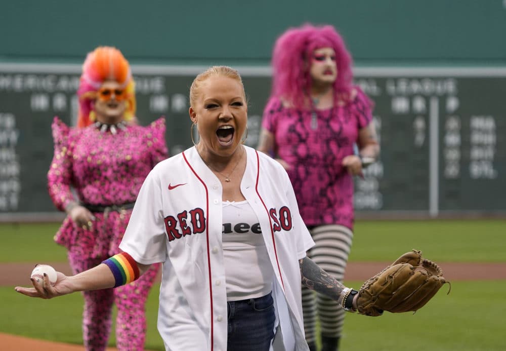 Celebrity chef and restauranteur Tiffani Faison reacts after throwing out the opening pitch before a baseball game between the Boston Red Sox and the Oakland Athletics on Pride Night at Fenway Park, Wednesday, June 15, 2022, in Boston. (Mary Schwalm/AP)