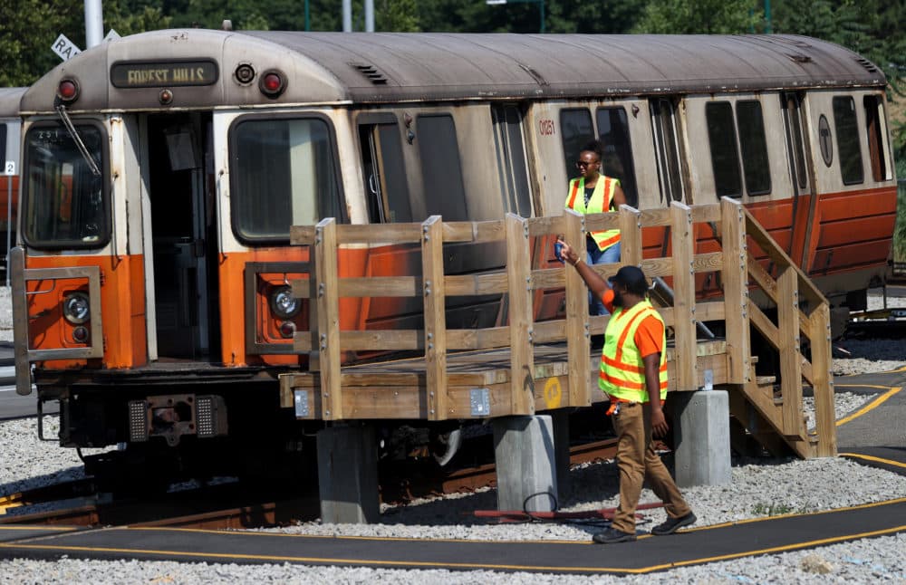 The MBTA Orange line is seen here at Wellington Station in Medford where inspectors looked over damage from a fire in early August. (David L. Ryan/The Boston Globe via Getty Images)