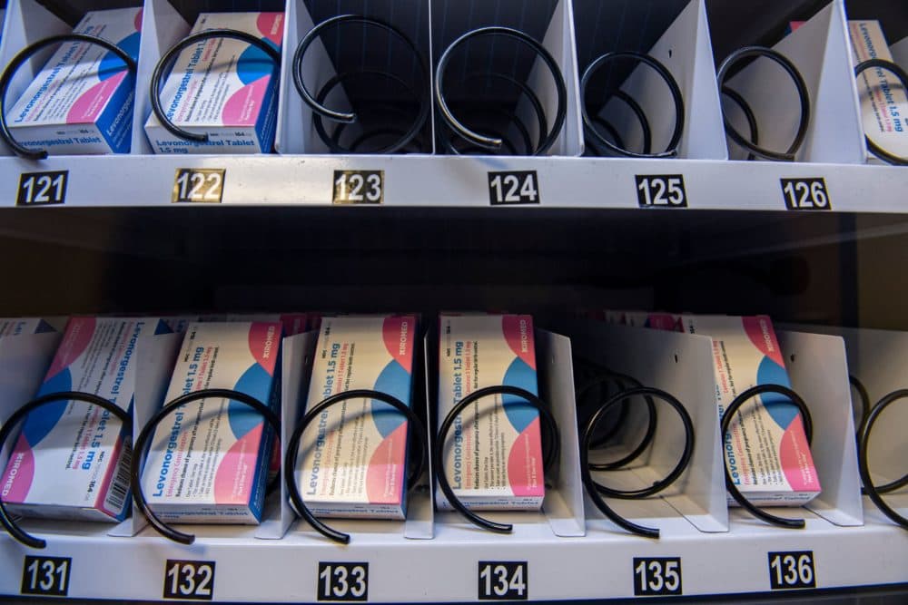 Cartons of the &quot;morning-after&quot; pill fill a Plan-B vending machine that sits in the basement of the student union building on the Boston University Campus in Boston, Massachusetts on July 26, 2022. - Each carton contains a single pill and cost $7.25 US and is available at all times to students. (Joseph Prezioso/AFP via Getty Images)