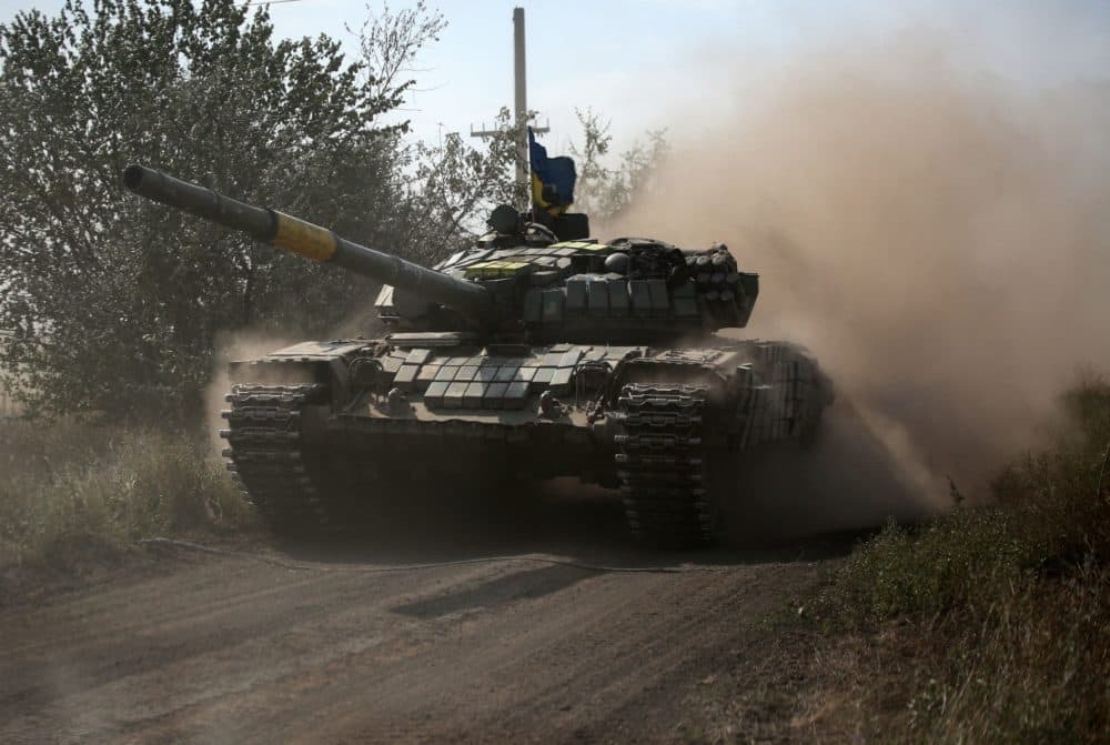 A Ukrainian tank rolls down a road at a position along the front line in the Donetsk region on Aug. 15, 2022, amid Russia's invasion of Ukraine. (Anatolii Stepanov/AFP via Getty Images)