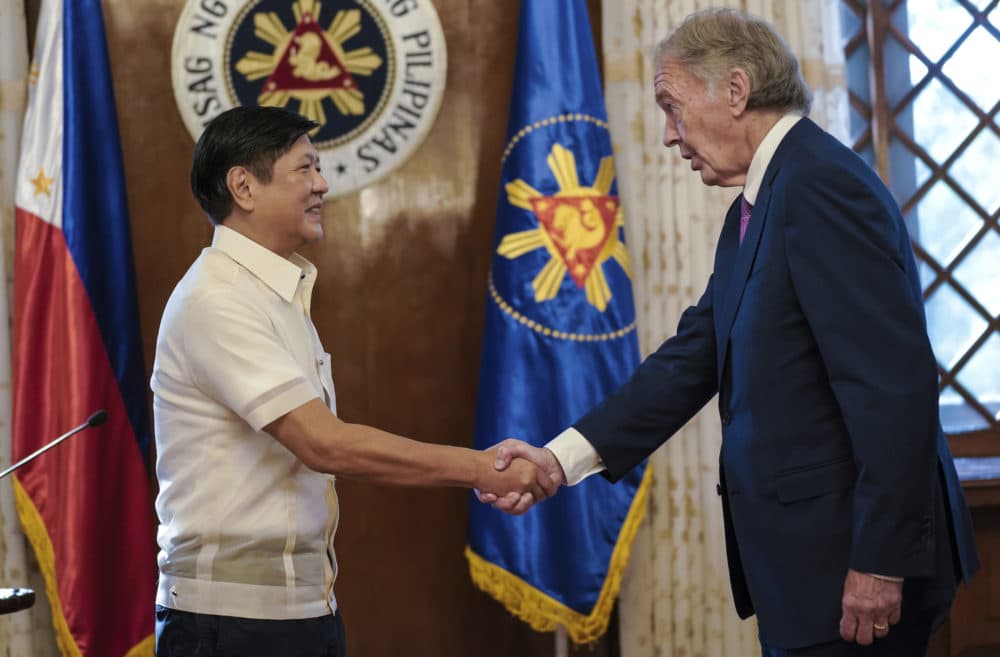 Philippine President Ferdinand Marcos Jr., left, greets U.S. Sen. Edward Markey during the latter's courtesy call at the Malacanang presidential palace in Manila, Philippines, on Thursday Aug. 18. (Malacanang Presidential Photographers Division via AP)