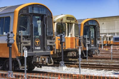 MBTA Orange Line cars at the Wellington train yard in Medford after T leaders announced the line will be shut down for 30 days later this month to handle a backlog of repairs and upgrades. (Jesse Costa/WBUR)