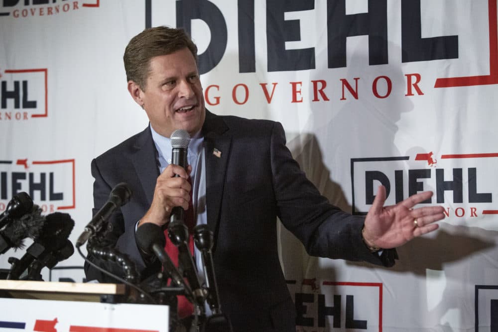 Geoff Diehl talks to supporters at a primary election night party to celebrate his win over Chris Doughty in the Republican primary for governor of Massachusetts. (Robin Lubbock/WBUR)