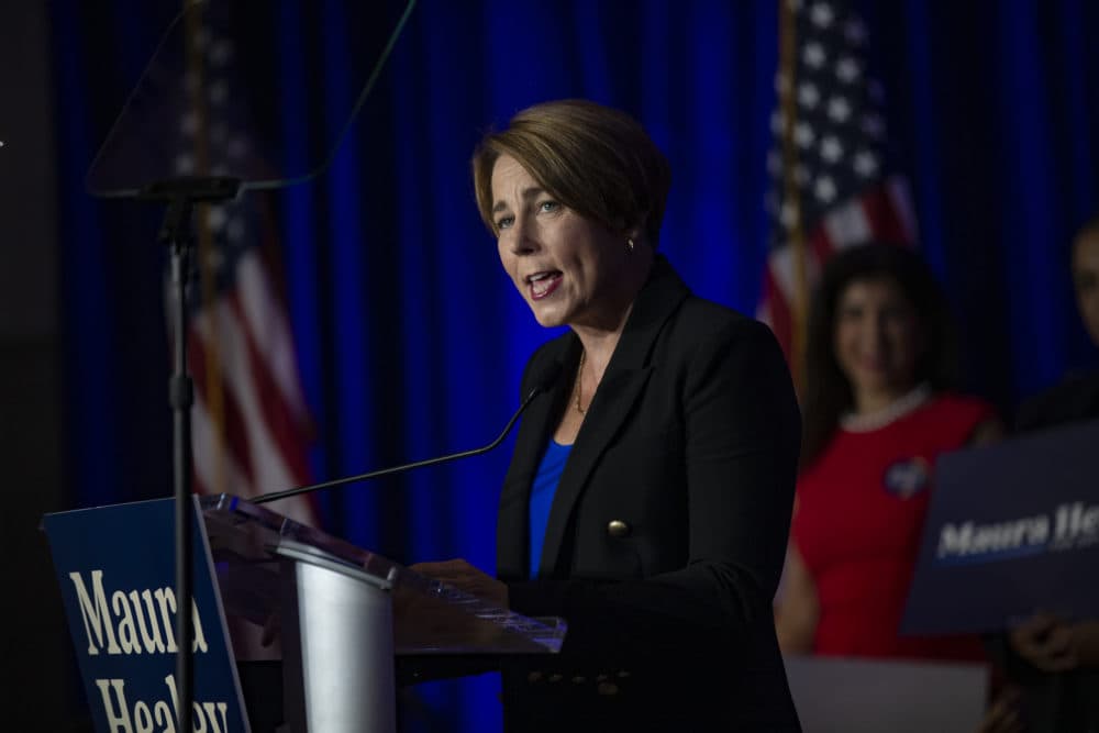 Democratic candidate for Massachusetts governor Maura Healey speaks to a crowd at the IBEW headquarters in Dorchester after her primary win Tuesday. (Jesse Costa/WBUR)