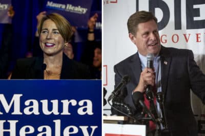 Candidates for Governor Maura Healy and Geoff Diehl. (Robin Lubbock and Jesse Costa/WBUR)