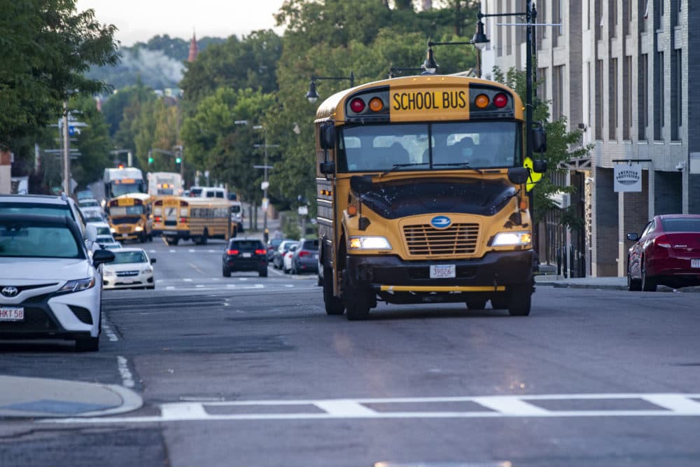 School buses travel along Dorchester Ave on the first day back to school in Boston. (Jesse Costa/WBUR)