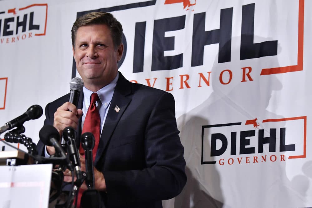 Republican candidate for Governor Geoff Diehl speaks to reporters at his primary night victory party, Sept. 6, 2022 in Weymouth, Mass. (Josh Reynolds/AP)