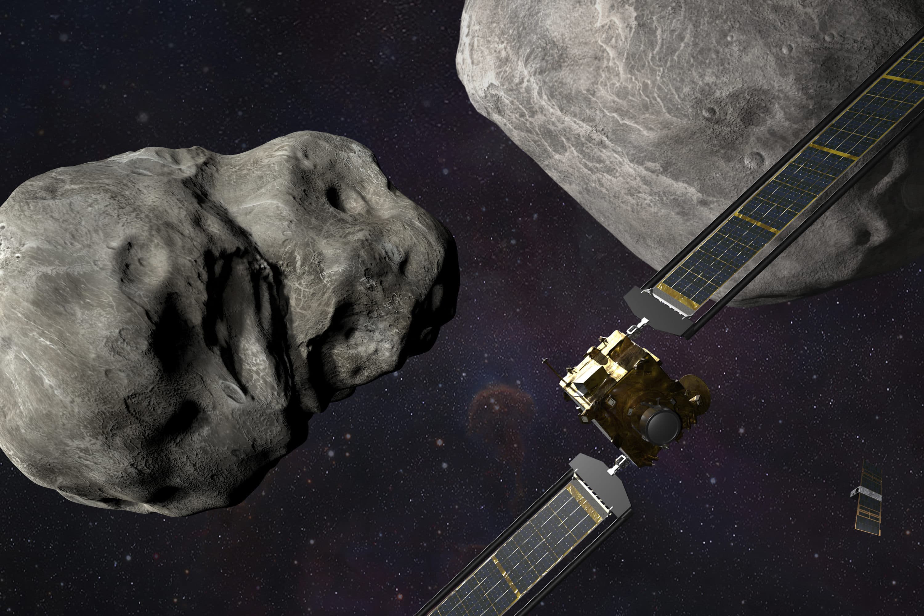 This illustration depicts NASA's DART probe, foreground right, at the Didymos system before impact with the asteroid Dimorphos, left. DART is expected to zero in on the asteroid Monday, Sept. 26, 2022. (Steve Gribben/Johns Hopkins APL/NASA via AP)