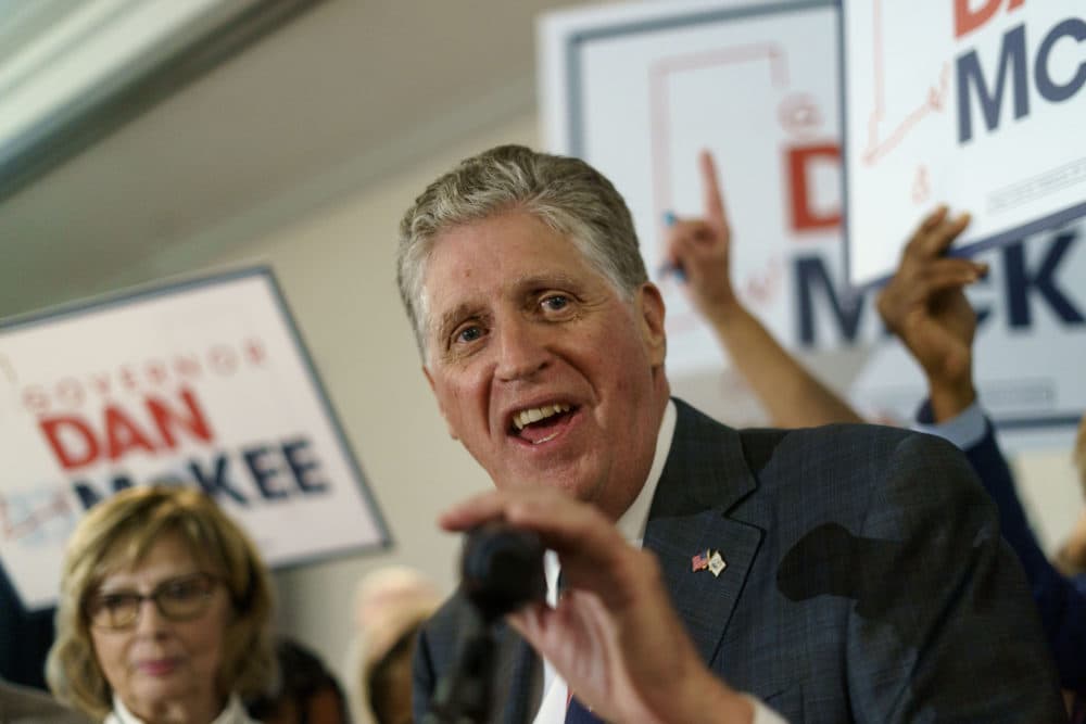 Rhode Island Gov. Dan McKee gives an acceptance speech in front of supporters at a primary election night watch party in Providence, R.I., Sept. 13, 2022. (David Goldman/AP)