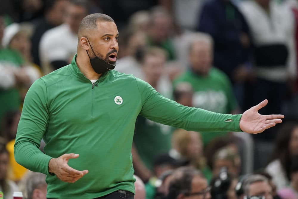 Boston Celtics coach Ime Udoka reacts during the fourth quarter of Game 6 of basketball's NBA Finals against the Golden State Warriors, June 16, 2022, in Boston. (Steven Senne/AP File)