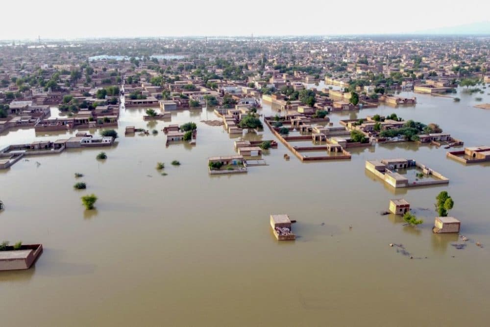This aerial view shows a flooded residential area after heavy monsoon rains in Balochistan province on Aug. 29, 2022. (Fida Hussain/AFP via Getty Images)