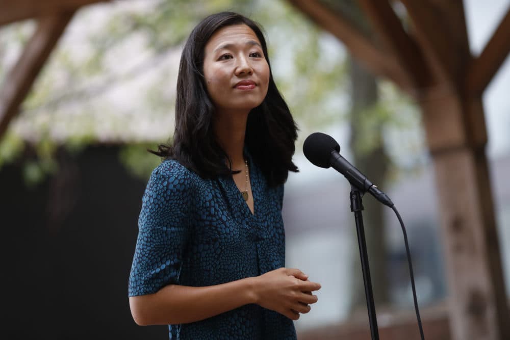 Mayor Michelle Wu holds a press conference. (Carlin Stiehl for The Boston Globe via Getty Images)