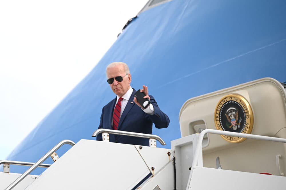President Biden waves as he disembarks Air Force One at JFK International Airport in New York City on September 20, 2022. (Mandel Ngan/AFP via Getty Images)