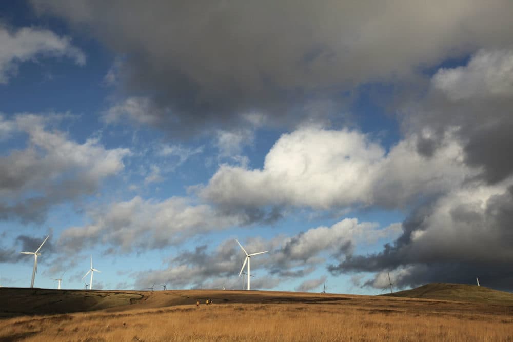 The turbine sails of the Scout Moor Wind Farm in the South Pennines dominate the skyline on Nov. 16, 2009, in Rochdale, United Kingdom. (Christopher Furlong/Getty Images)