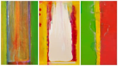 Left to right: Frank Bowling's &quot;Suncrush,&quot; 1976 (Courtesy Sophie M. Friedman Fund; Frank Bowling; DACS, London & ARS, New York 2022; Museum of Fine Arts, Boston); &quot;Woosh,&quot; 1974 (Courtesy Jaime Alvarez; Frank Bowling; DACS, London & ARS, New York 2022; Museum of Fine Arts, Boston); and &quot;Who's Afraid of Barney Newman,&quot; 1968 (Courtesy Tate: Presented by Rachel Scott 2006; Frank Bowling; DACS/Artimage, London & ARS, New York 2022; Museum of Fine Arts, Boston).
